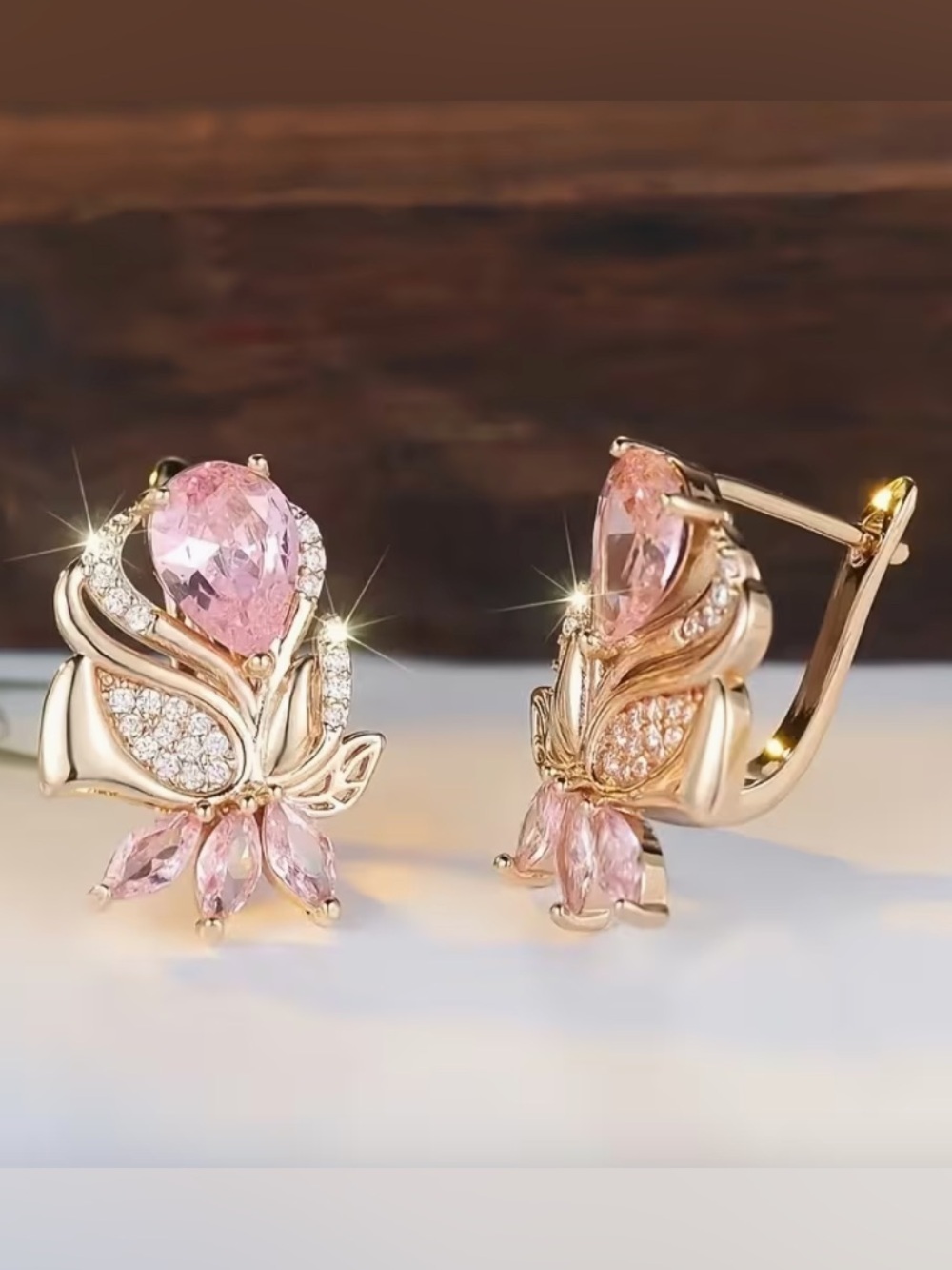 Elegant Pink Teardrop Floral Stud Rose Earrings. - Picture 4 of 7